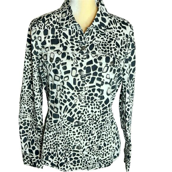 Chicos Shirt Jacket Button Front Sz 1 Lightweight Front Pockets Black Tan Beige - Picture 1 of 10